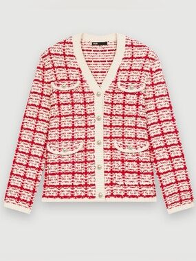 Maje Two-Tone Tweed-Effect Knit Cardigan Red Cream Metallic Size 1